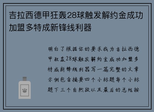 吉拉西德甲狂轰28球触发解约金成功加盟多特成新锋线利器